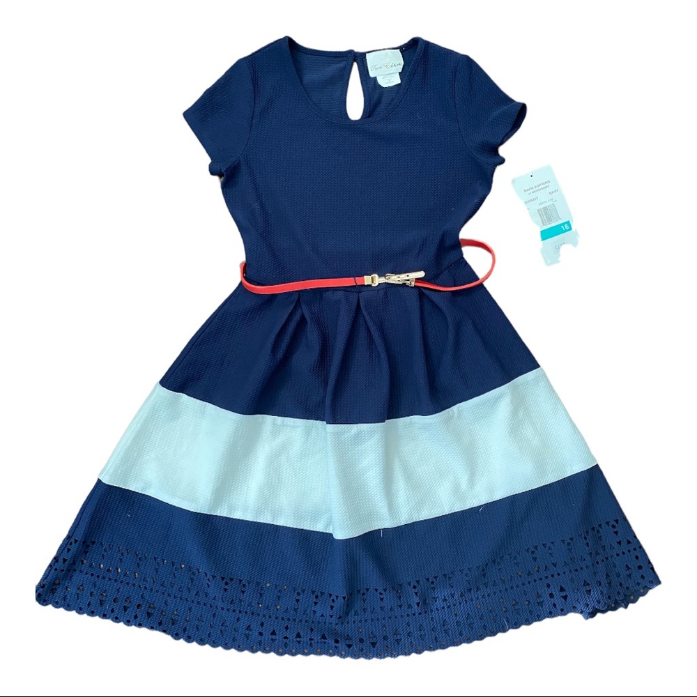 NWT Macy’s RARE EDITIONS Navy Blue And White DRESS Red Belt GIRL 16